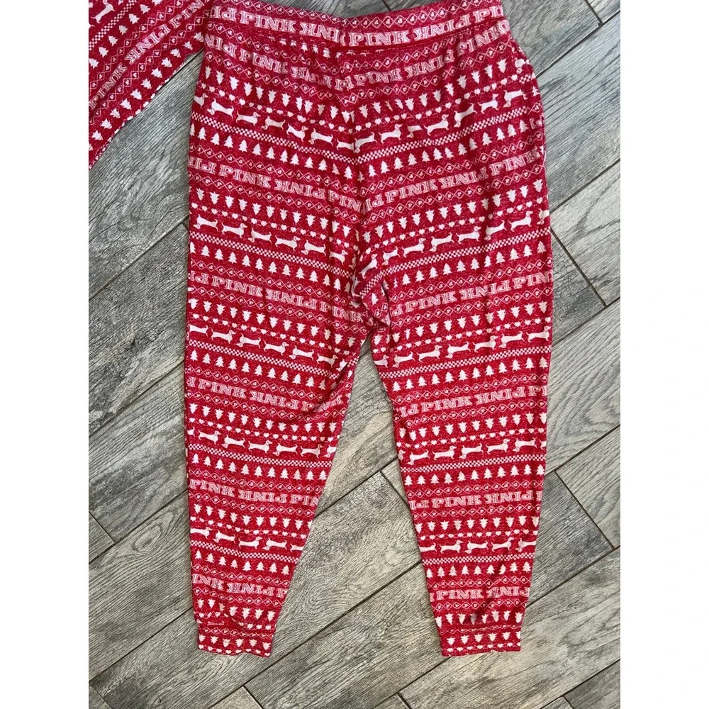 PINK Victorias Secret Pajama Set Large Red Fair Isle Dog Logo 2 pc PJ Set Nordic